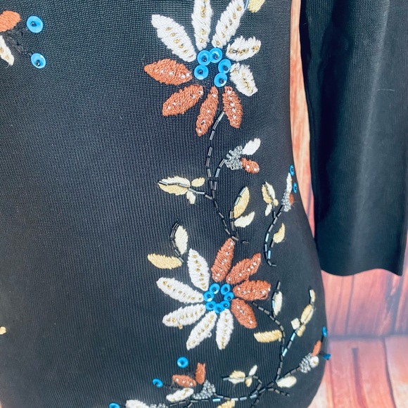 Women’s Small Blouse Lucia Burns Black Floral Embroidery Bead Sequin 3/4 Sleeve - Picture 3 of 12